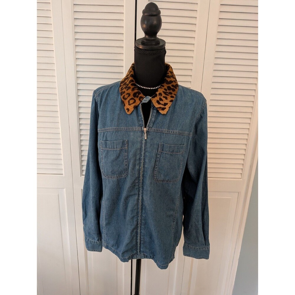 Gloria Vanderbilt Jacket Womens L Denim Medium Wash Cheetah Print Collar Zipper